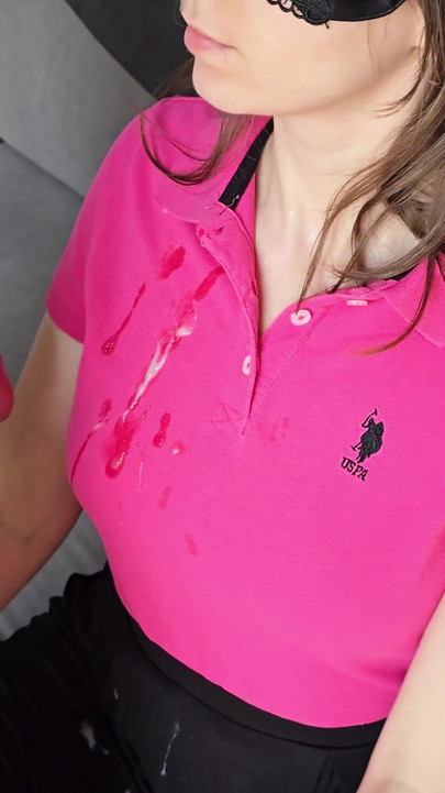 Key moment from "Blowjob With Cum On My Cute Pink T-shirt 👚 Hot Cum On Clothes!"