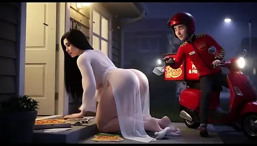Curvy Woman In Translucent White Outfit Talks To Pizza Delivery Guy At Her Front Door At Night (AI generated)