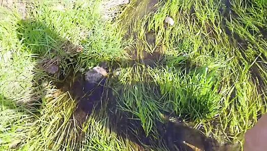 Minyon sarışın açık havada domalıyor ve yüzüne büyük bir boşalma