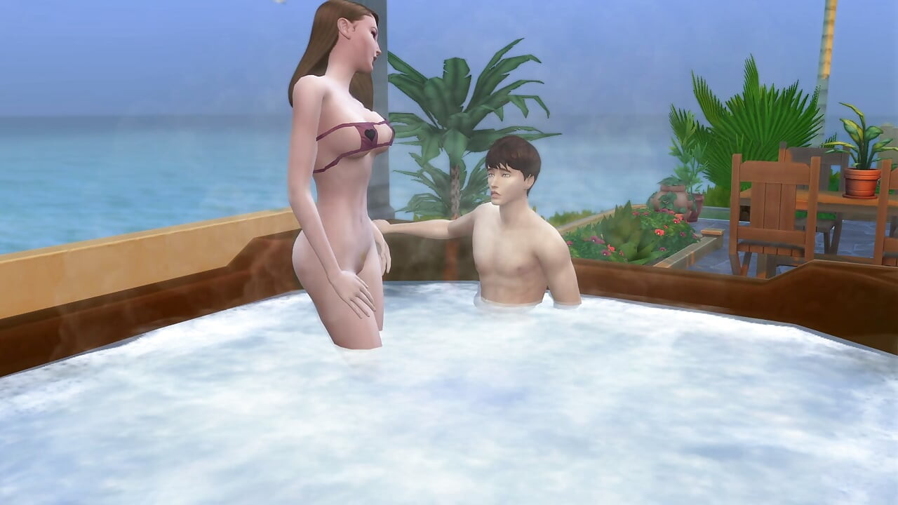 Pasangan bercuti mengambil peluang untuk berkongkek di hidro. The Sims