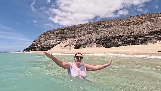 Girl Wetting Jeans in the Ocean and Swimming in Wet White T-shirt