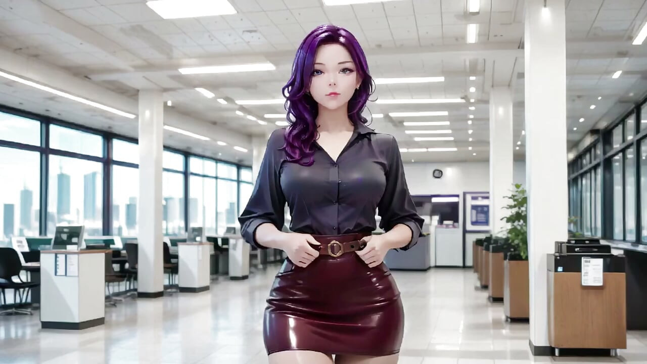 Sếp tóc tím trong văn phòng cấm kỵ! Áo sơ mi tối màu, chân váy đỏ rượu, vừa trả lời email vừa trêu chọc ống kính.