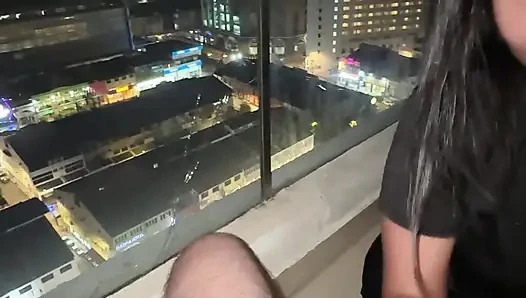 18yo Thai girlfriend suck big white dick on a balcony and swallow huge load
