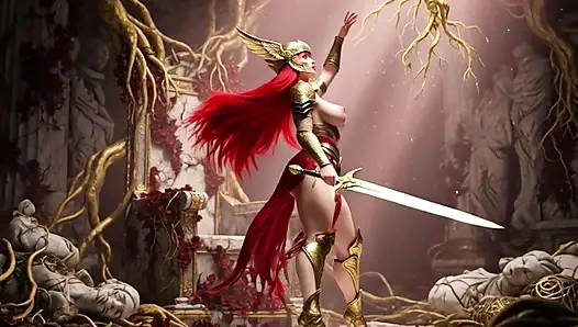 Malenia Blade of Miquella sinnliche Thronroutine in verfallenes Elphael mit enthüllender Rüstung und provokatativen Posen