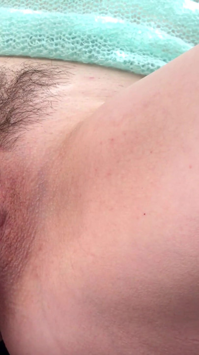 Key moment from "Please help me trim my bushes. Shaving wife's pussy in POV. Home amateur video."