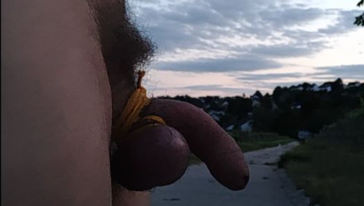I am walking naked in the vineyards just about 100m away from the houses of my village. I am cumming before I get clothed.