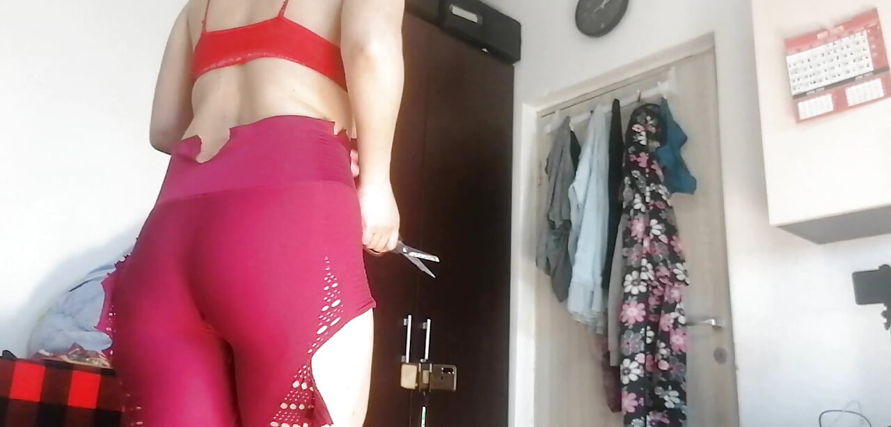 Amateur wife has fun trying on clothes and cutting them. Amateur wife sucking naked in the house