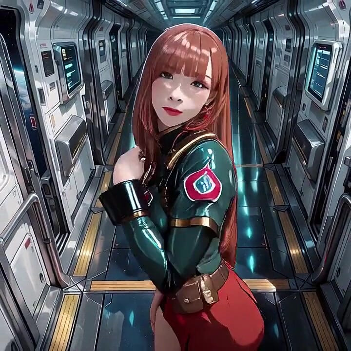 În interiorul Trenului Sci-fi, ea poartă o armură verde strâmtă, atingându-i buzele roșii în timp ce se uită la galaxie prin porthole.