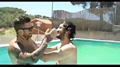 spanish tat guy wanks with his mate to a full load