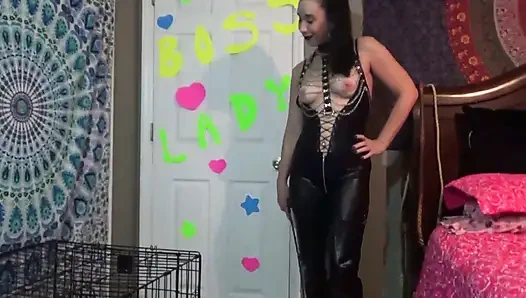 Solo mistress wearing latex shows her tits while talking dirty