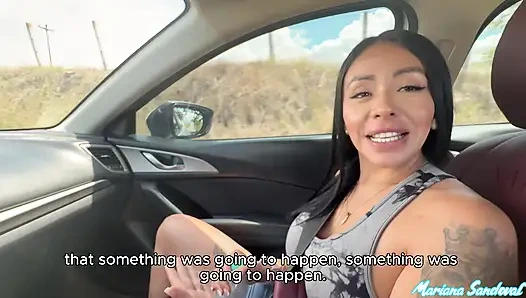 Big black cock BBC fucks a horny Colombian woman in the car after picking her up on the road - Mariana Sandoval & Brandon Cruz