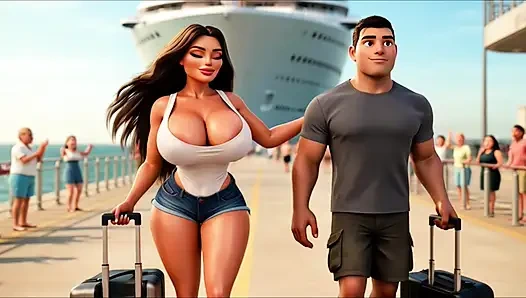 Sensual Passionate Night with Beautiful Voluptuous Woman on Luxury Ocean Cruise Under Romantic Moonlight Glows