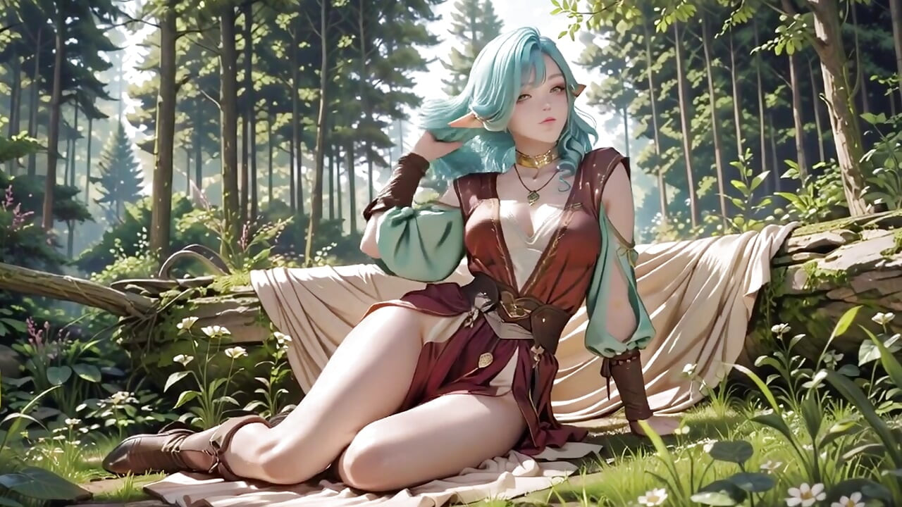 Forest Fantasy! Green-haired Mage & Blue Elf in a Private Walk, Kneeling under dappled sunlight with teasing wands.