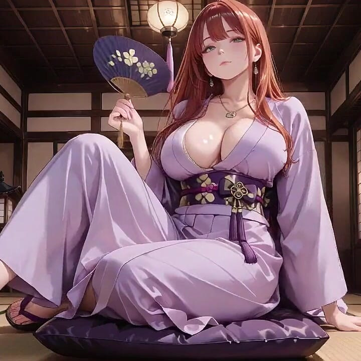 빨간 머리 기모노 여신! 신성한 토리이 문 아래에 무릎을 꿇고, 그녀는 수줍은 시선으로 흠뻑 젖은 옷을 조정합니다.