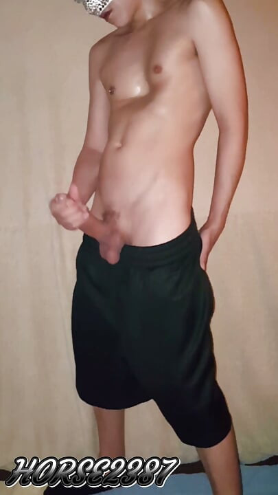 Jerking my huge dick in black shorts