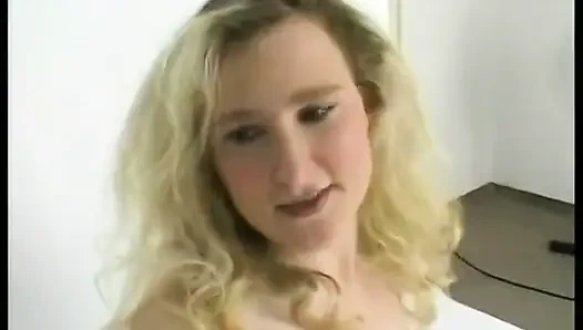Stockinged blonde masturbating before sucking and riding casting agent's dick