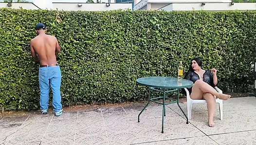 This curvy Latina slut is looking to grind her big butt against the pool guy's massive cock right out in the open!