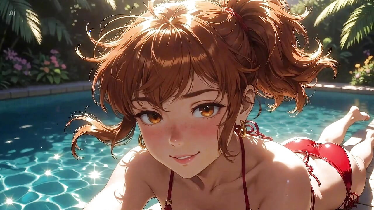AI Girl Sensually Di Kolam - Gaya Studio Ghibli