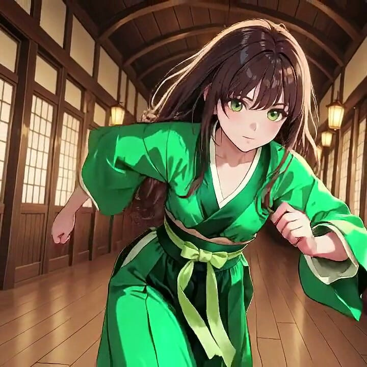 跪在榻榻米上，穿著短裙，她的眼神迷離。陽光灑在她濕潤的肌膚上，她從平靜轉為誘人。