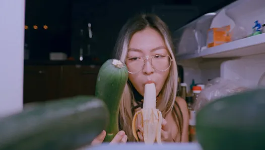 Hungry teen fucks herself with a cucumber while sucking cock for some extra protein