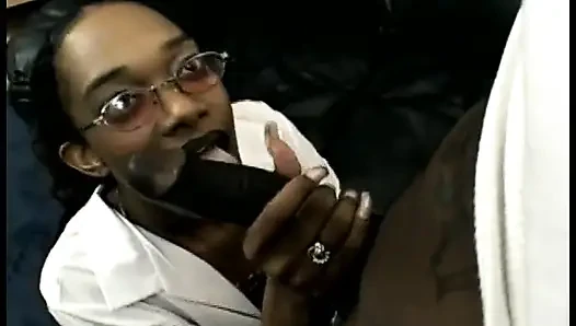 Black girl in college outfit rides big black cock and takes a load on her face