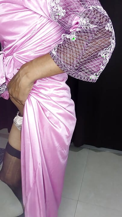 Pink satin nighty and tit bra panty Looking so sexy