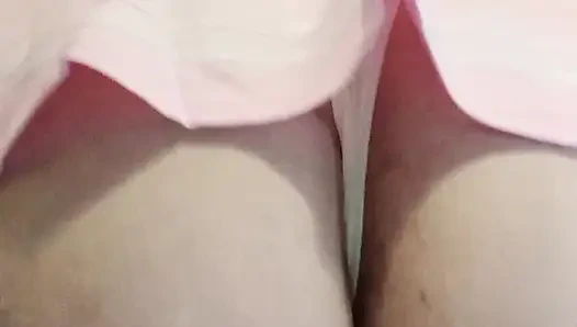 Thick BBW rides big realistic dildo in a pink babygirl cheer dress