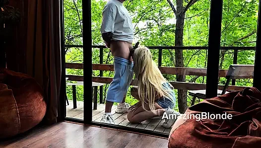 Luxury hotel, wild forest and juicy blowjob by the glass