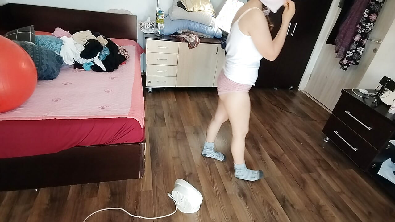 Sexy Brunette Having Fun Trying on Clothes. Sexy Mom Dances Naked Around the House.