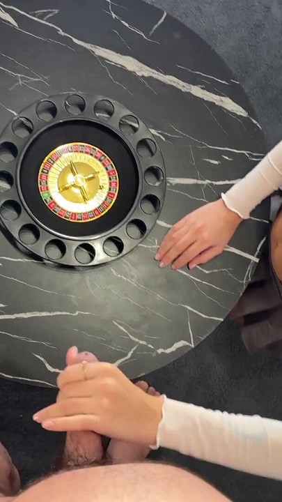 Two girls one guy Christmas Handjob Challenge House Party for fun and precum dripping oily cum | Clip 1