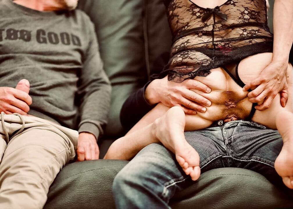 I show off like a whore in front of a friend of my husband and he watches me get fucked. Photo slideshow for you