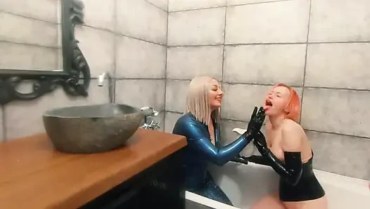 Bath Relax in Latex Rubber with Milk, Romantic Funny Fetish Video