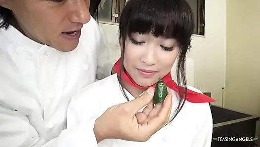 The chef and restaurant management reprimand the Asian cook by instructing her to squeeze thick veggies
