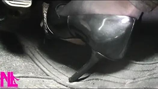 Revving and Driving in Black Pantyhose and Grey High Heels