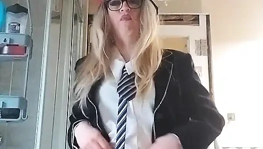 Horny Sissy in Uniform Loves Her Precum