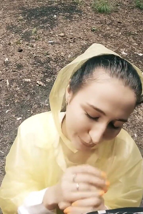 Black Lynn in Yellow Raincoat Sucking Cock in the Woods - Outdoor Blowjob and Cum in Mouth