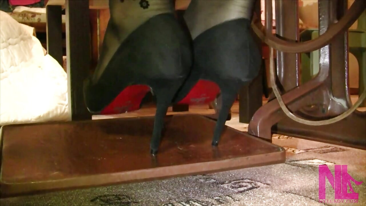 Vintage_sewing on My Granny's Old Sewing Machine in Black Pantyhose and Suede Louboutins