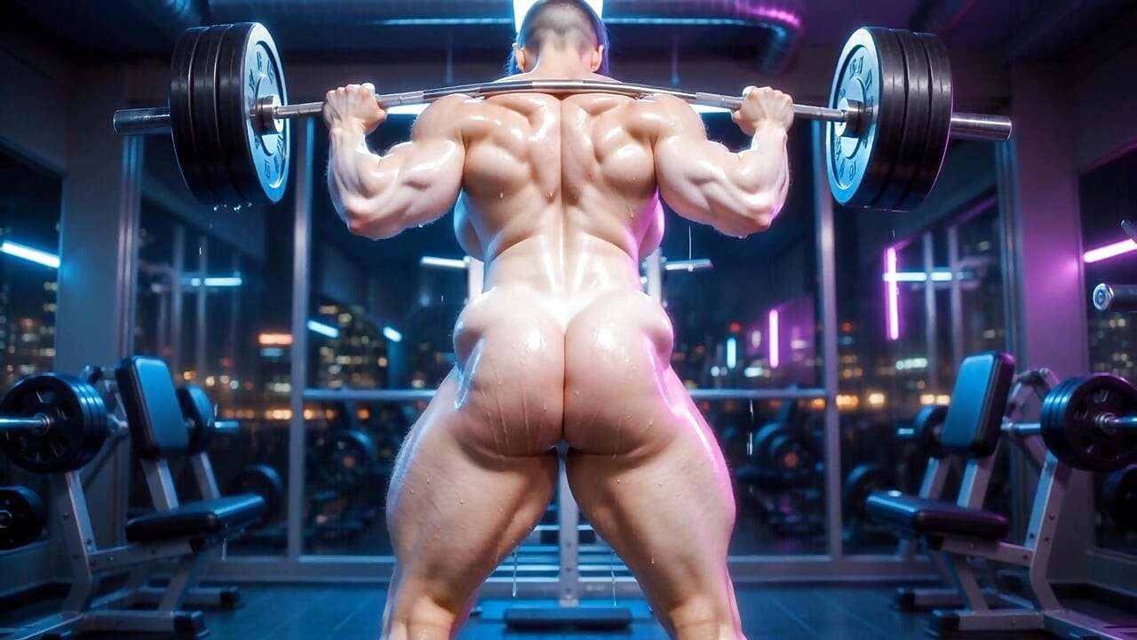 Blue Shaved Hair Muscular Milf - Massive Tits Shiny Skin Gym Squat & Thrust