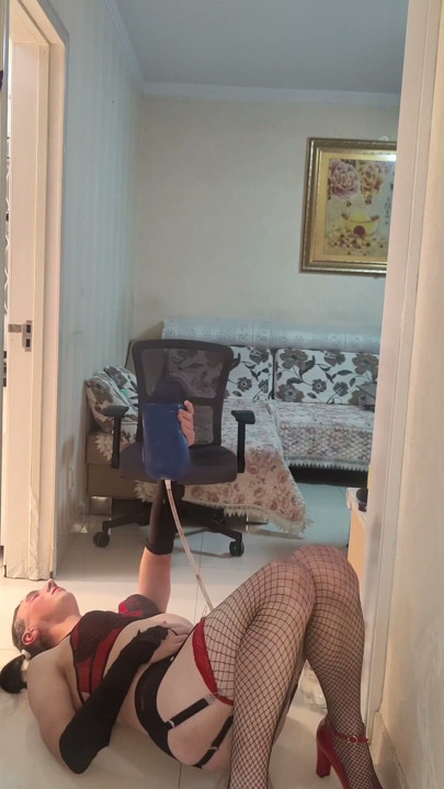 Sissy takes huge enema then bounces on dildo whilst still inflated | Clip 1