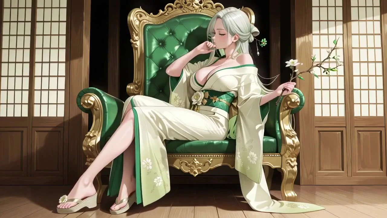 Silver-Haired Shrine Maiden Secrets! Languidly reclining in a red corridor, her bare shoulders and lush thighs exposed.