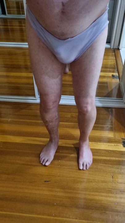 Tiny satin panties and little cock