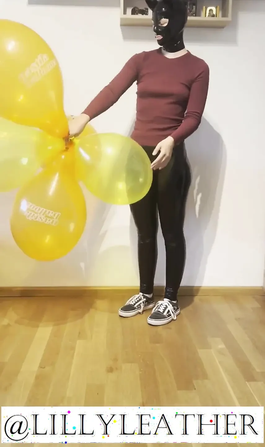 Looner Girl Pops Out 4 Balloons in Cute Outfit and Kitty Latex Mask