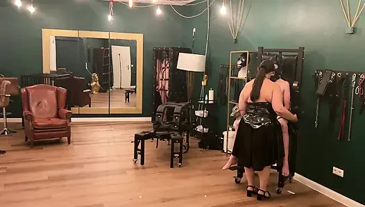 Latex Dommes Stretch Bound Slave's Ass Wide Open