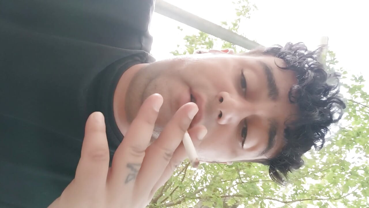 Smoking Outdoor and Showing Balls and Soft Uncut Cock