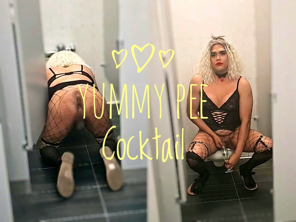 Sissy femboy drinks pee in public stall