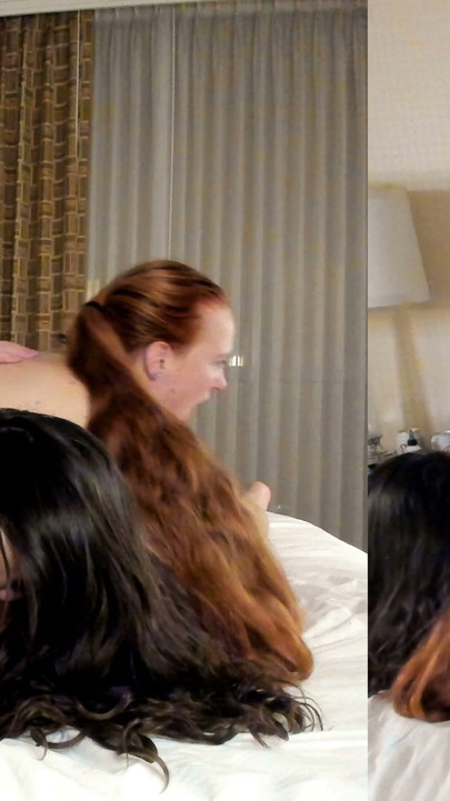 Pelirroja hot inclinada y cogida por el marido junto a una bbw sexy después de que la bbw la monte con un arnés doble | Clip 2