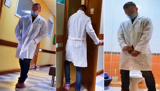 The real DOCTOR got excited during the EXAMINATION and could not stand it in the public TOILET of the hospital