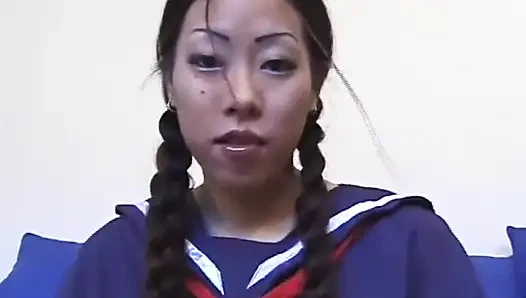 Asian babe pussy fucking big dick sucking in a college uniform...cum in mouth