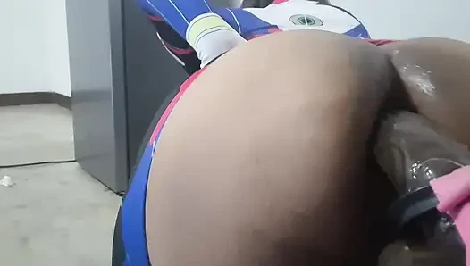 Young Trans Girl Embarrassed after receiving Massive Anal Creampie and Cumfarts with BBC Dildo and wearing Dva Cosplay