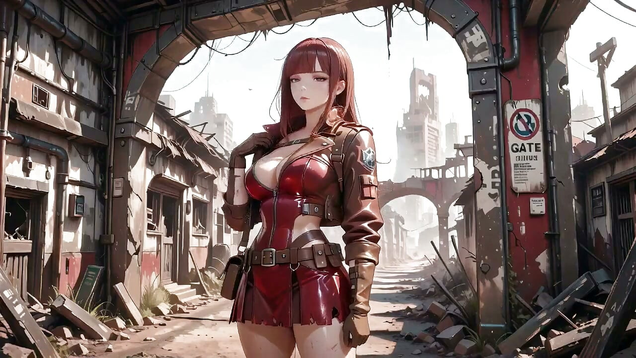 Un costume en cuir moulant embrasse ses hanches parfaites. Elle se fait caresser l’armure à la main, yeux brumeux mais féroces.